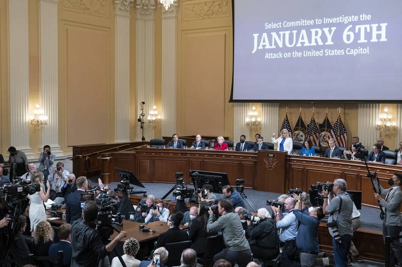 Sarah Matthews, former White House deputy press secretary, bottom left, and Matt Pottinger, former deputy national security adviser, are sworn in, as the House select committee investigating the Jan. 6 attack on the U.S. Capitol holds a hearing at the Capitol in Washington, Thursday, July 21, 2022. (AP Photo/Alex Brandon, Pool)