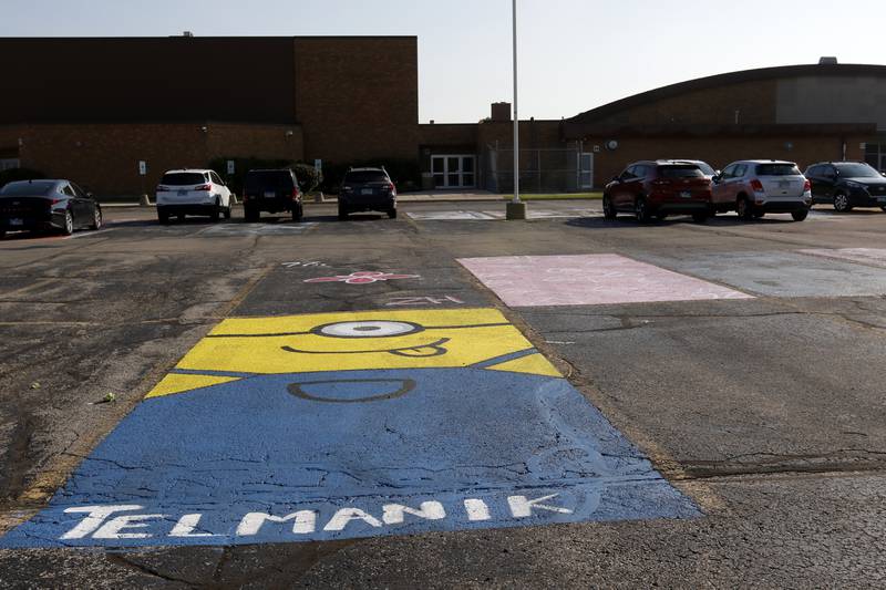 A finished Minion inspired painted parking spot on Wednesday, Aug. 14, 2024, at Marion Central Catholic High School.