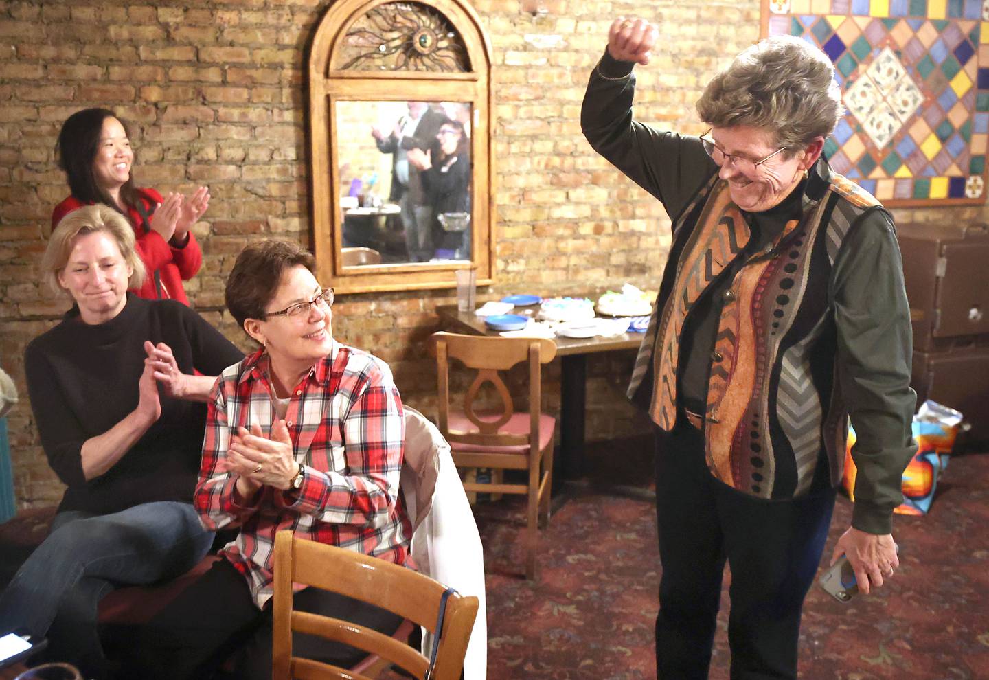 Alicia Cosky, running for Ward 1 Sycamore City Council, reacts as election results show her leading Tuesday, April 4, 2023, during an election night watch party at Rosita's Mexican Restaurant in DeKalb.