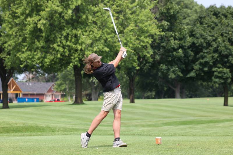 Momence's Kingston Wood tees off during the Bill Breeden All-Area Classic at the Kankakee Elks on Monday, Aug. 18, 2025.