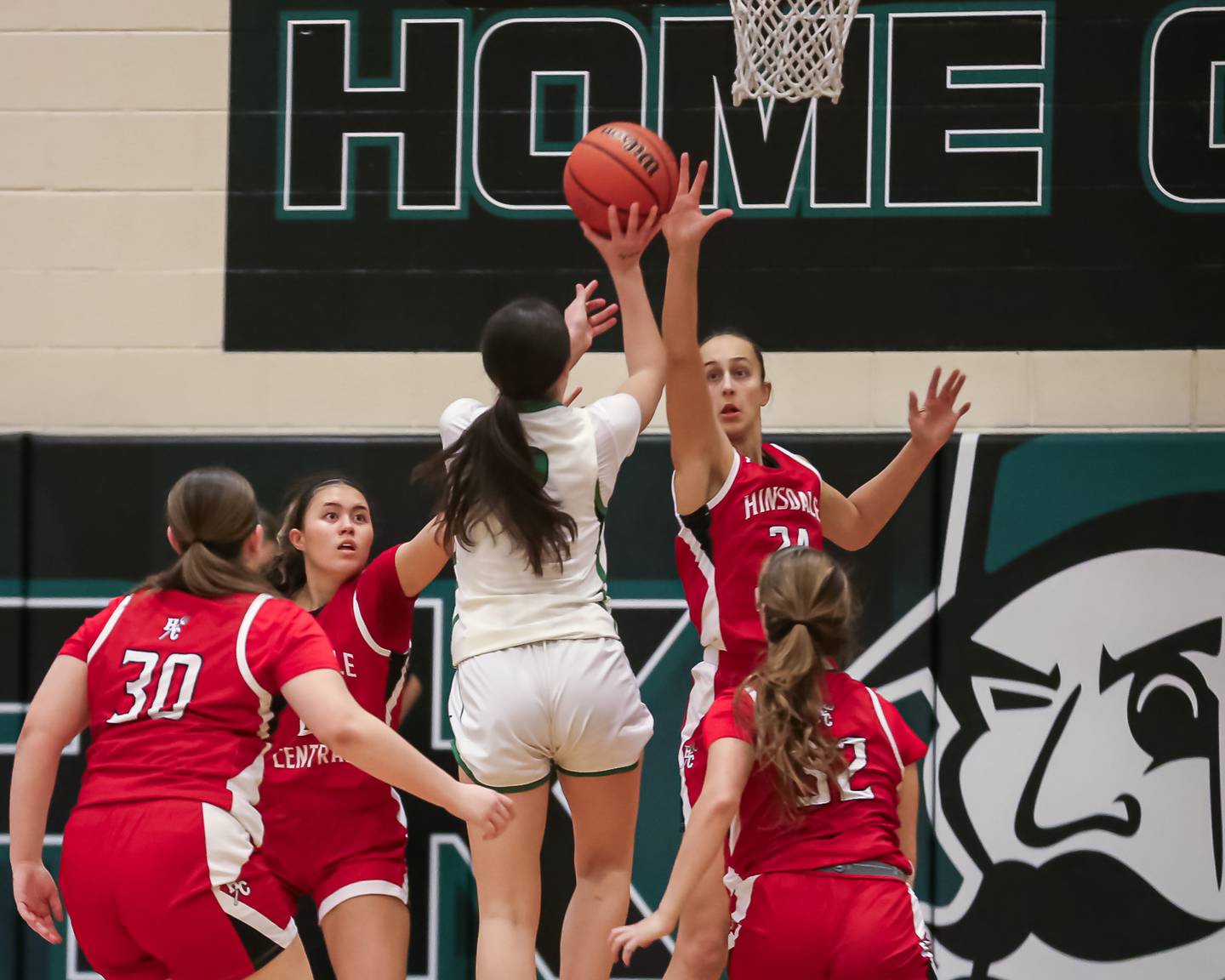 Hinsdale Central's Greta Dani (24) defends a shot by York's Anna Filosa (2) during basketball game between Hinsdale Central at York. Dec 8, 2023.