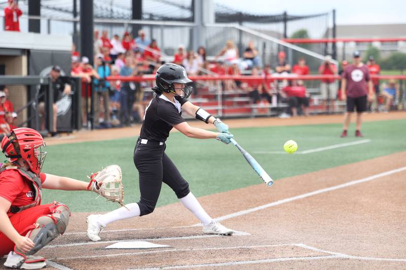 Prairie Ridge's Adysen Kiddy connects for a hit during the Wolves' 5-0 loss to Glenwood in the IHSA Class 3A state semifinal on June 13, 2025.