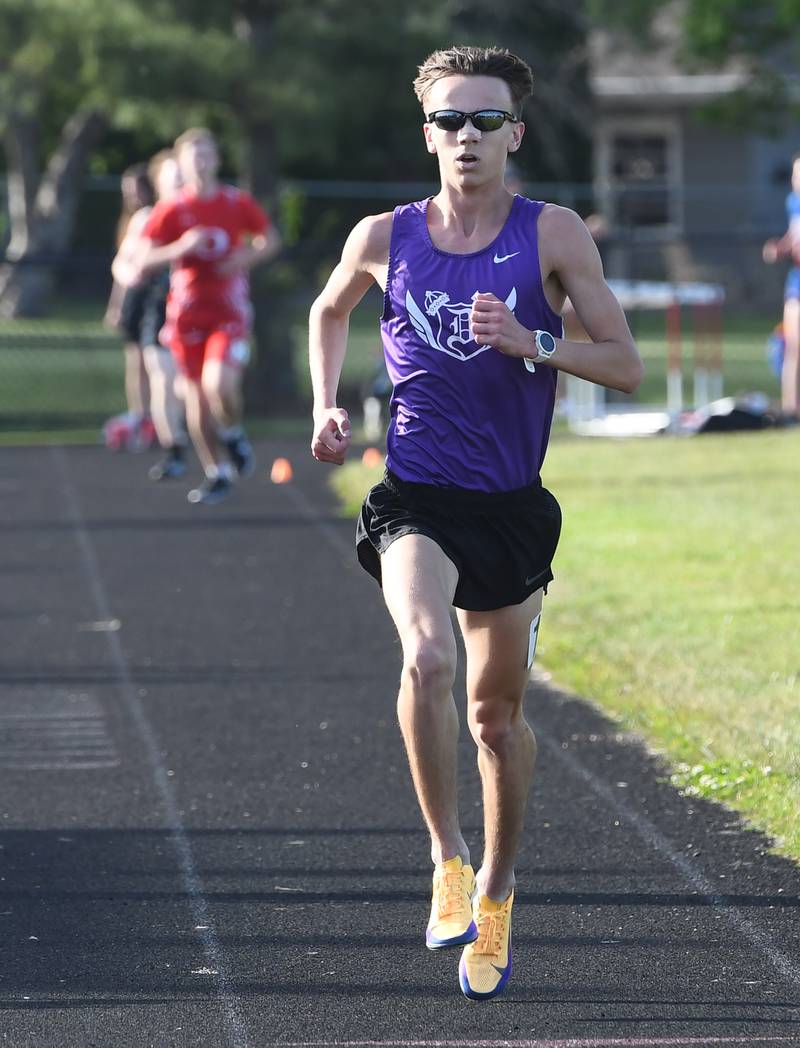 Dixon's Westin Conatser heads to the finish line of the 3200 meters at the Big Northern Conference Meet at Stillman Valley on Thursday, May 14, 2026.