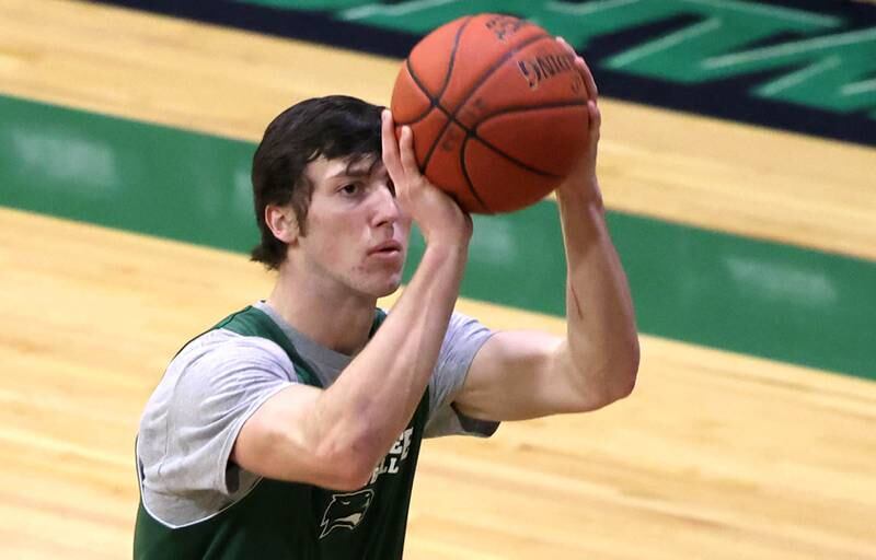 Former Indian Creek High School basketball player Brennen McNally, now at Kishwaukee College, shoots a jump shot during practice Wednesday, Jan. 11, 2023, at the school.