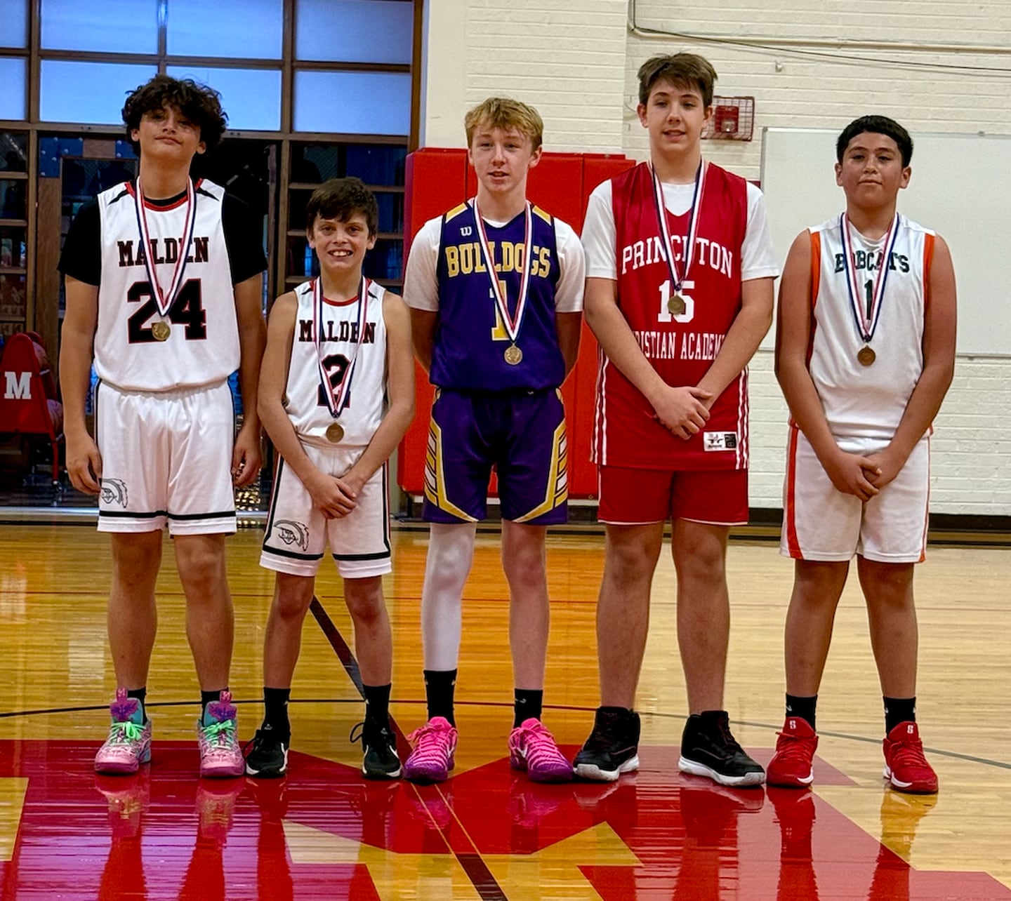 The all-tournament team from the 2025 Malden Invitational are Jase Perez and John Lower of Malden, Levi Forristall of Ohio, Jared Zawistowski of PCA and Xavi Arjon of Neponset.