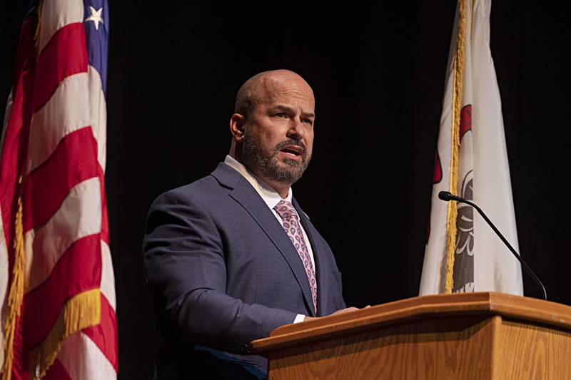 SVCC Police Academy director Jason LaMendola addresses the grads and guests Friday, April 14, 2023 during the first graduation ceremony for the new academy.