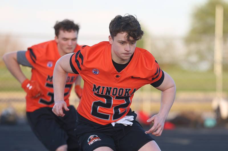 Minooka’s Quinn Schifbauer runs a cone drill at the IHSA Southwest Suburb Showcase combine on Thursday, May 7, 2026 at Plainfield North High School.