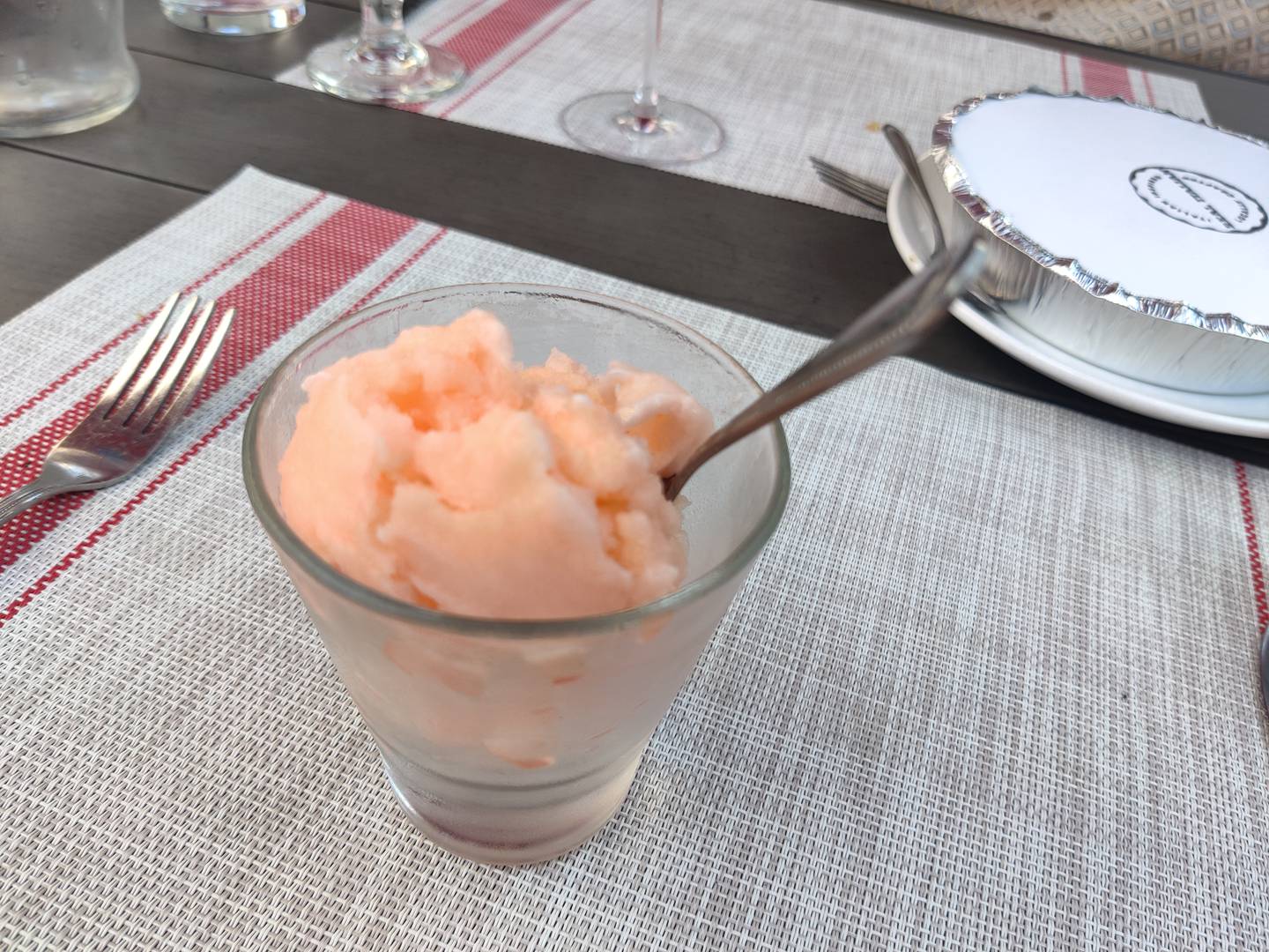 Pink grapefruit sorbetto at Gia Mia in Geneva.