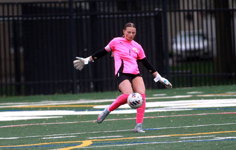 Wheaton Warrenville South keeper Marilyn Dixon kicks the ball during a Class 3A Glenbard West Sectional semifinal game against Glenbard West on Tuesday, May 27, 2025 in Glen Ellyn.