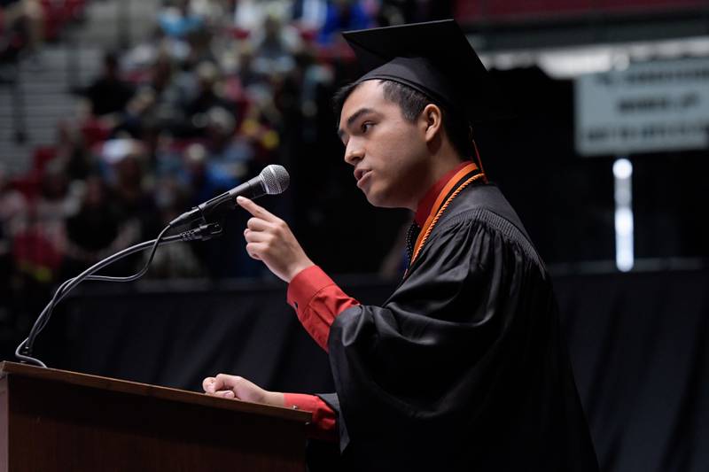 Juan Blanco gives his Commencement Address during the DeKalb High School graduation ceremony at the Convocation Center in DeKalb on Saturday, May 28, 2022.