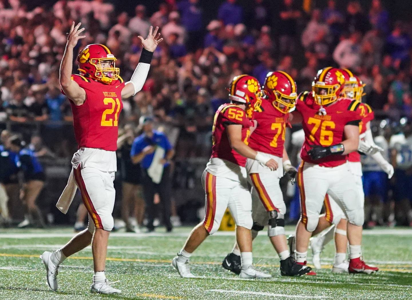Batavia’s Ryan Boe (21) reacts after scoring his second touchdown of the game late in the 4th quarter of play against Lincoln-Way East during a football game at Batavia High School on Friday, Sep 1, 2023.