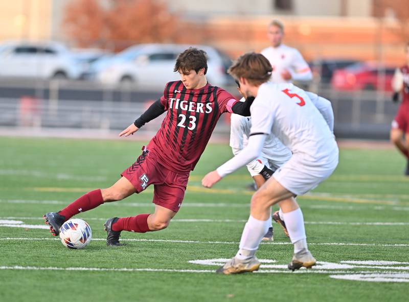 Plainfield North's Cooper Allen (23) handles the ball during the Class 3A Plainfield North regional semifinal game on Wednesday, Oct. 19, 2022, at Plainfield. (Dean Reid for Shaw Media)
