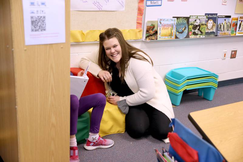 Lauren Banbury works with first graders at Kaneland McDole Elementary School in Montgomery.