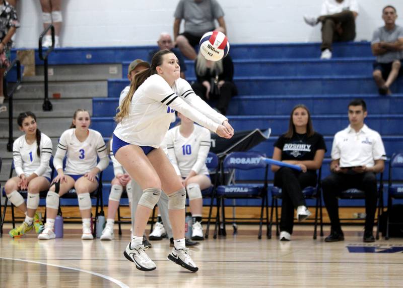 Rosary’s Katie Phillippe returns the ball during a game against St. Charles North in Aurora on Monday, Aug. 21, 2023.