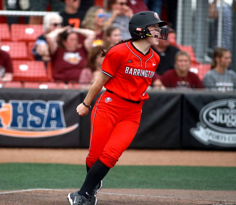 Barrington's Shannon Kenney celebrates her run during a IHSA Class 4A state semifinal game against Lockport on Friday, June 13, 2025 at the Louisville Slugger Sports Complex in Peoria.