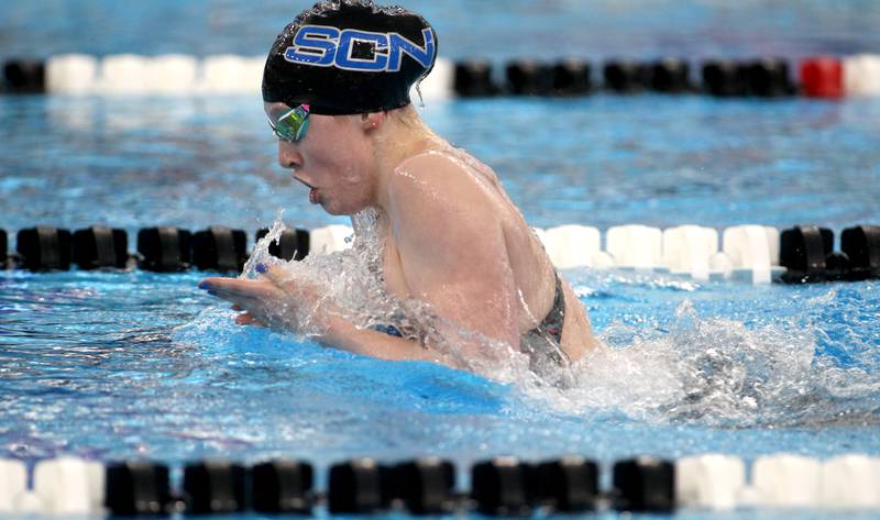 St. Charles North’s Isabelle Beu swims the 200-yard individual medley during the IHSA Girls State Championships preliminaries at the FMC Natatorium in Westmont on Friday, Nov. 11, 2022.