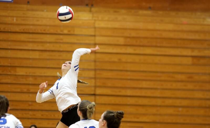 Geneva’s Sam Vanda goes up for a kill during the Class 4A Addison Trail Regional final against Wheaton Warrenville South on Thursday, Oct. 26, 2023.