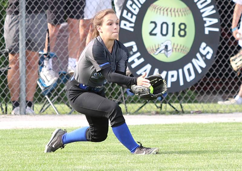 Woodstock's Abby Weber makes a sliding catch during their Class 3A Regional game against Kaneland Tuesday, May 24, 2022, at Kaneland High School in Maple Park.