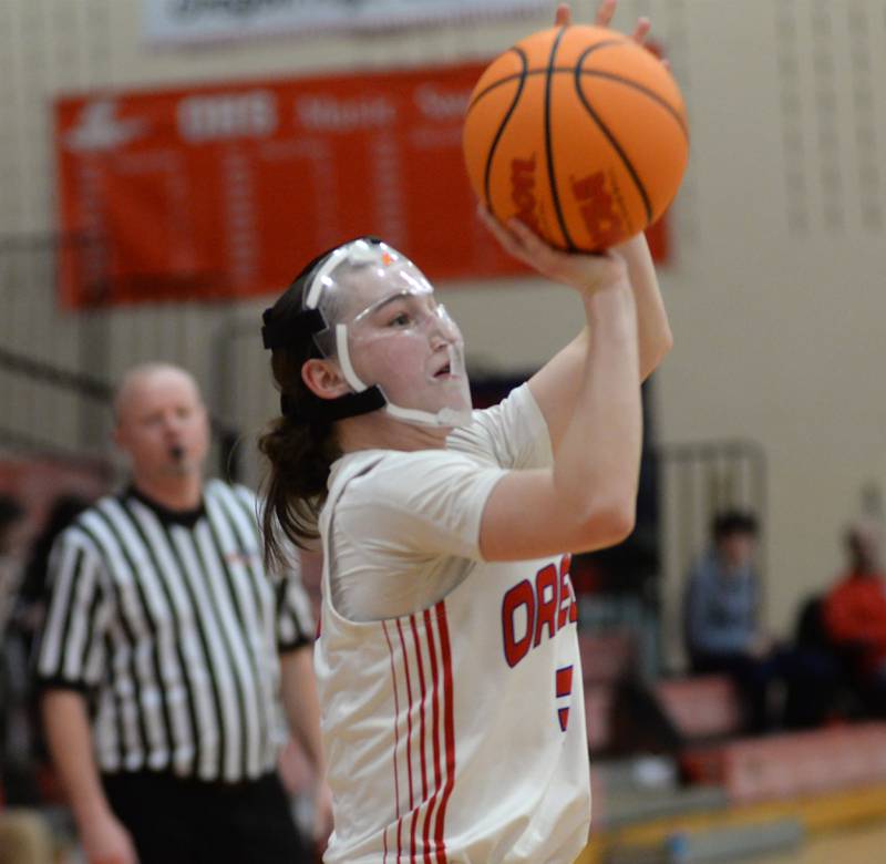 Oregon's Ella Dannhorn (3) shoots against Rock Falls during 2A regional action on Saturday, Feb. 15, 2025 at Oregon High School.