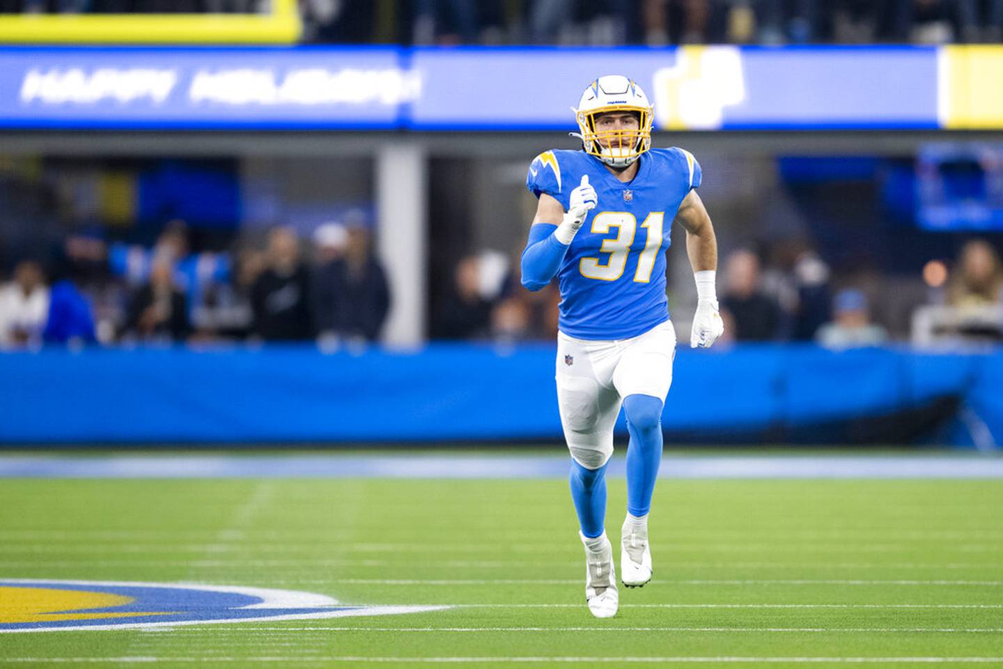 Los Angeles Chargers linebacker Nick Niemann (31) runs during an NFL football game against the Kansas City Chiefs Thursday, Dec. 16, 2021, in Inglewood, Calif. (AP Photo/Kyusung Gong)