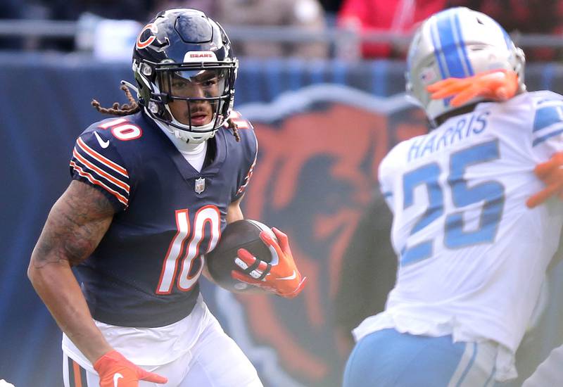 Chicago Bears wide receiver Chase Claypool tries to get by Detroit Lions safety Will Harris during their game Sunday, Nov. 13, 2022, at Soldier Field in Chicago.