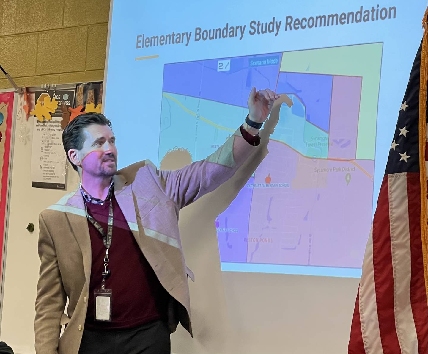 Sycamore Community School District 427 Superintendent Steve Wilder goes over his recommended changes to the district's elementary school boundaries on Feb. 28, 2023. The district's Board of Education unanimously voted to approve Wilder's recommendation.