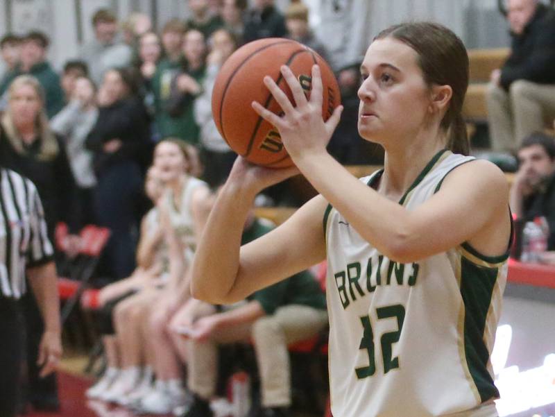 St. Bede's Quinn McClain takes a wide-open jump shot over Putnam County during the Tri-County Conference Tournament championship game on Thursday, Jan. 18, 2024 at Henry-Senachwine High School.
