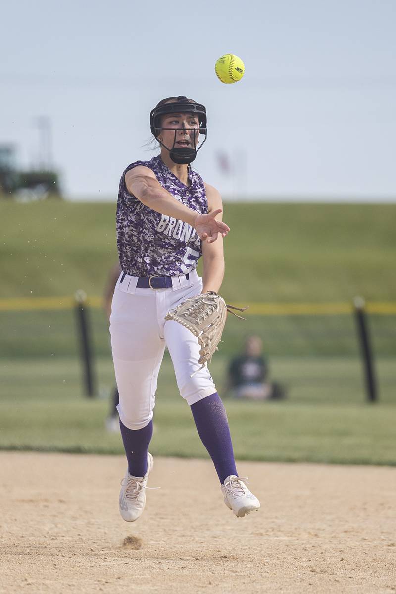 Orangville’s Ashlynn Schultz throws to first for an out against Fulton Tuesday, May 26, 2026, at the Eastland Class 1A softball sectional quarterfinal.