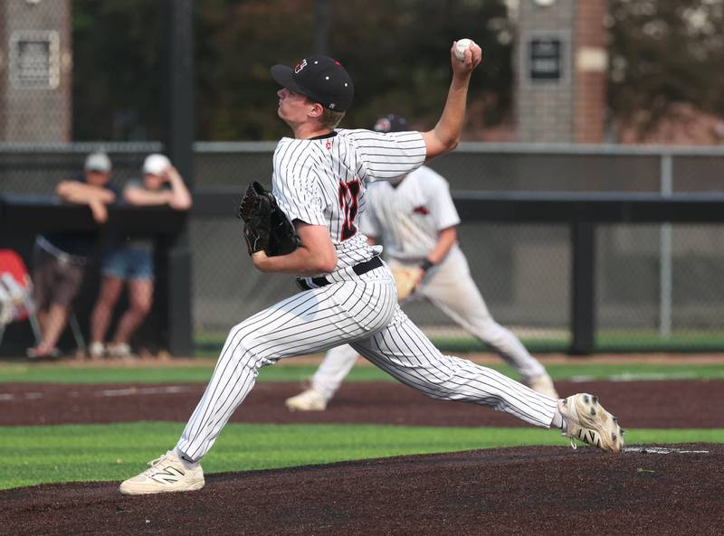 Fulton's Chase Dykstra delivers a pitch Monday, June 2, 2025, during their Class 1A supersectional game against Marquette at Northern Illinois University in DeKalb.