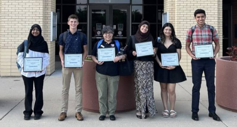 Kendall Grundy Community Action scholarship winners for 2025 (from left)• Zaynab Ahmed, Cameron Raymer, Estella Figueroa,  Samya Sehwail, Barbara Munoz and Jacob Busto. Scholarship awards ranged from $200 to $950.