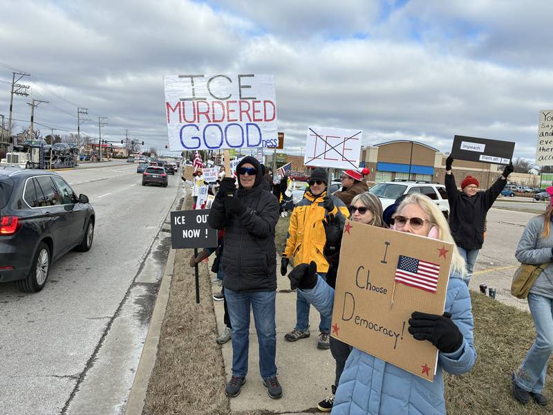More than 600 people came out Sunday, Jan. 11, 2026, on Route 31 in McHenry for an anti-ICE protest, organized by Indivisible McHenry County. The national organization encouraged protests over the weekend on response to the death of Renee Good Wednesday in Minneapolis.