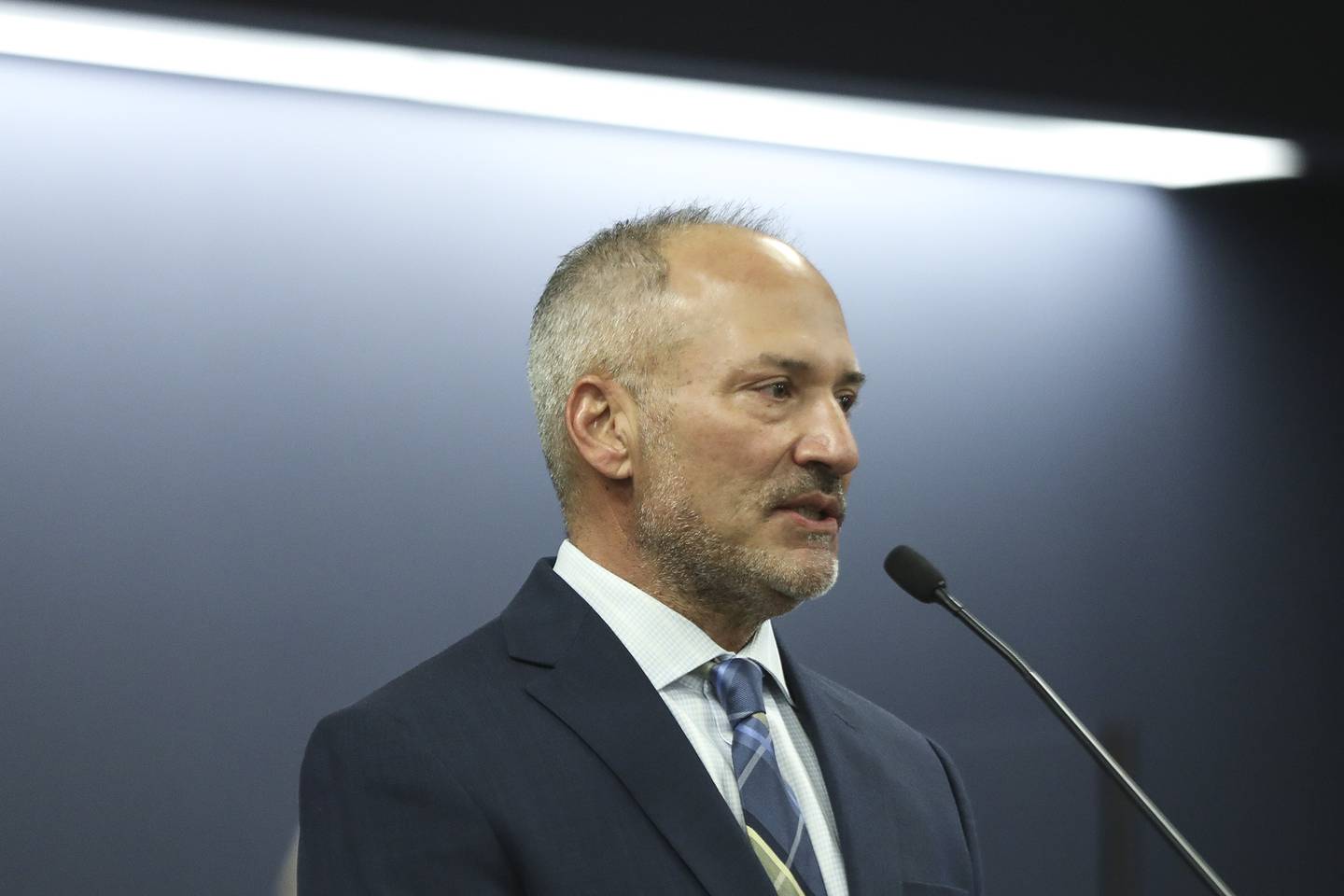 Newly installed Mayor John Argoudelis delivers a speech to trustees, staff and Plainfield community members on Monday, May 3, 2021, at Plainfield City Hall in Plainfield, Ill. Argoudelis assumed office during a village trustees meeting on Monday night.