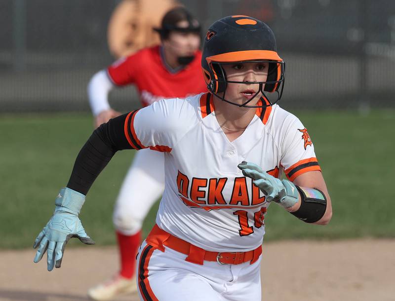 DeKalb's Kennedy Latimer runs to third Wednesday, April 16, 2025, during their game against Naperville Central at DeKalb High School.