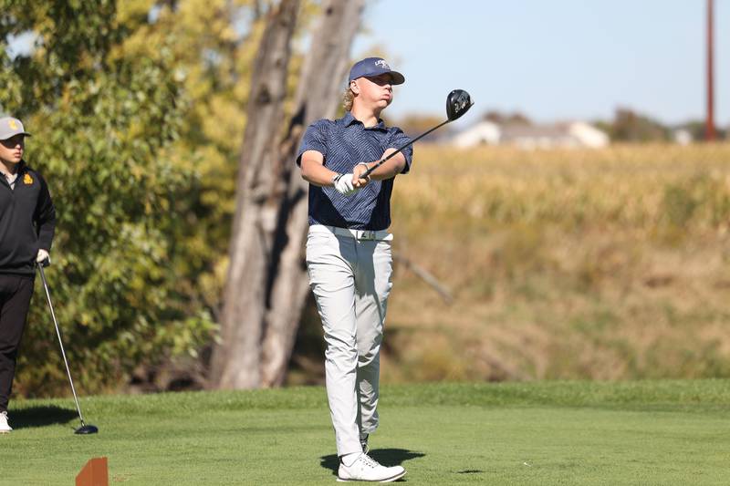 Lemont’s Joey Scott eyes his shot off the seventh hole in the Class 2A Lemont Boys Golf Sectional on Monday, Oct. 7, 2024 at Wedgewood Golf Course in Lemont.