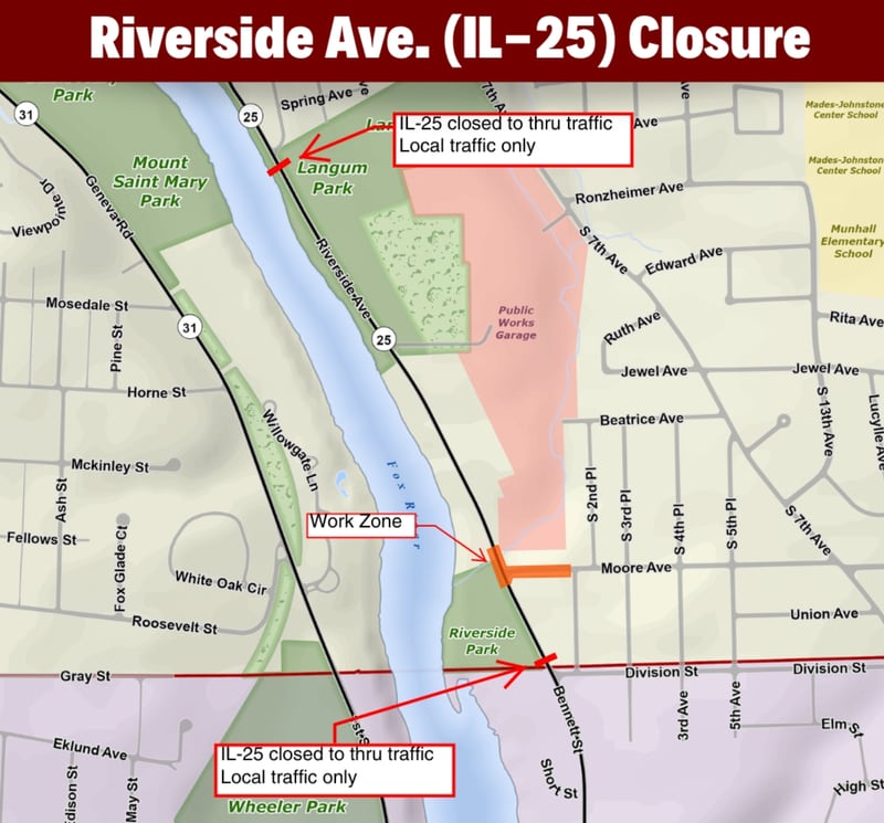 Route 25 in St. Charles will be closed to through traffic from Langum Park to Division Street from March 3 until early May.