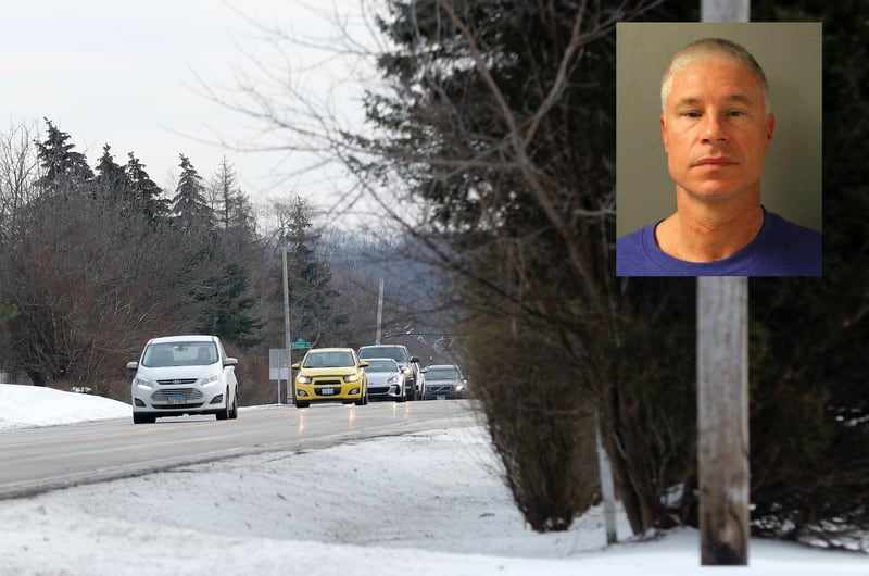 Inset of Anthony Prate. Traffic is seen near on Pyott Road north of Willow Street on Tuesday, Jan. 4, 2022, in Lake in the Hills. A car crash happened near this location in 2011, after which Bridget Prate was pronounced dead on arrival at an Elgin hospital.