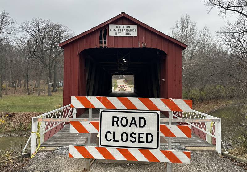 A view of the Red Covered Bridge on Monday, Nov. 18, 2024 in Princeton. On Nov. 16, 2023, a semi truck caused severe structural damage on much of the 149-foot bridge that was built in 1863.