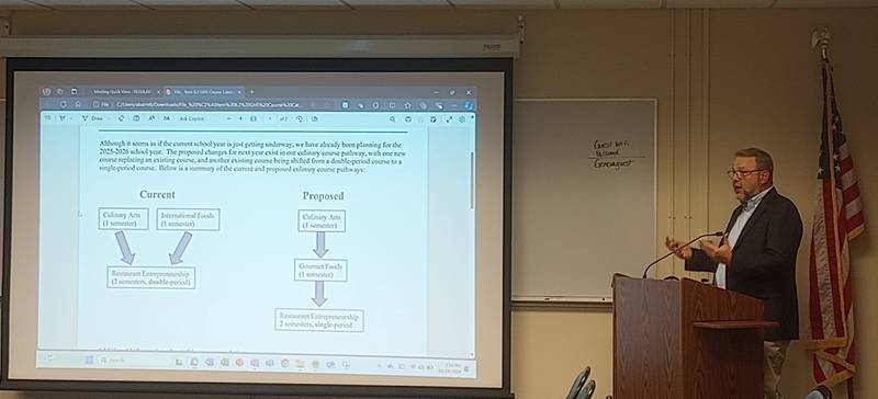 Geneva High School Associate Principal Doug Drexler presented proposed course changes in the culinary arts program for next year to give students more flexibility.
