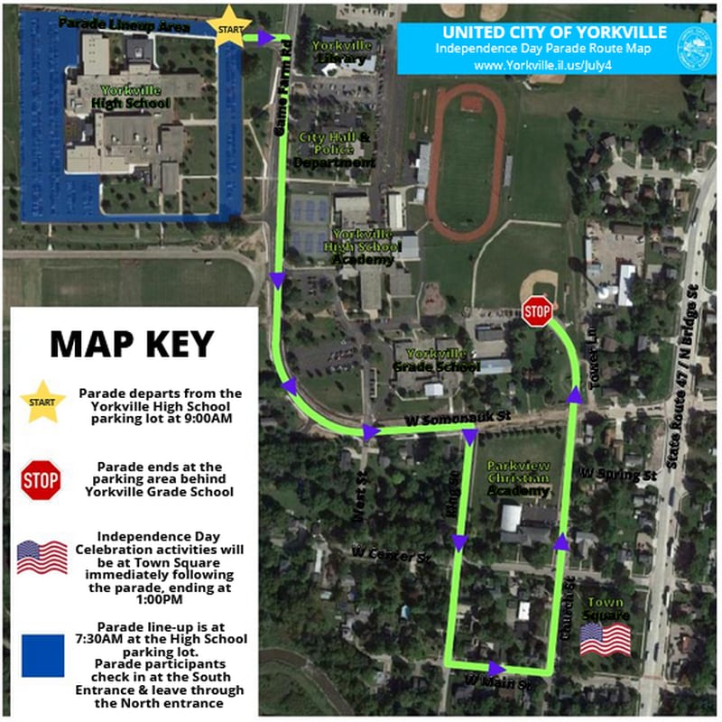 This map shows the parade route for Yorkville's Independence Day parade on July 4, 2023. (Courtesy of the city of Yorkville)