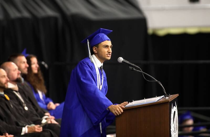 St. Charles North graduate Aaryan Pathak addresses his classmates during the school’s commencement ceremony at Northern Illinois University in DeKalb on Monday, May 20, 2024.