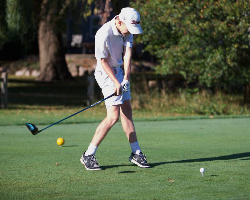 Prairie Ridge's JJ Lee tees off at the Cary-Grove Boy's Golf Invite at Foxford Hills Golf Club on Saturday, Sept. 9, 2023, in Cary.
