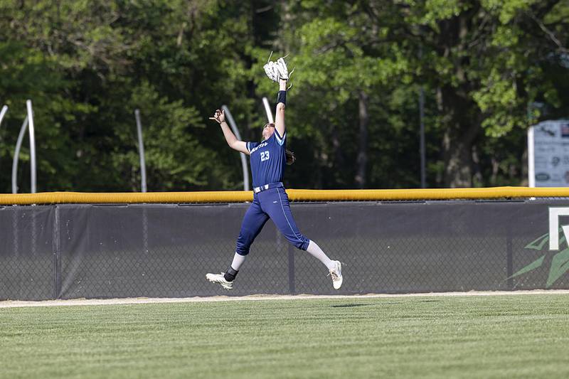 Bureau Valley’s Olivia Eckberg leaps for a catch against Princeton Friday, May 17, 2024 at the Class 2A regional semifinals in Rock Falls.