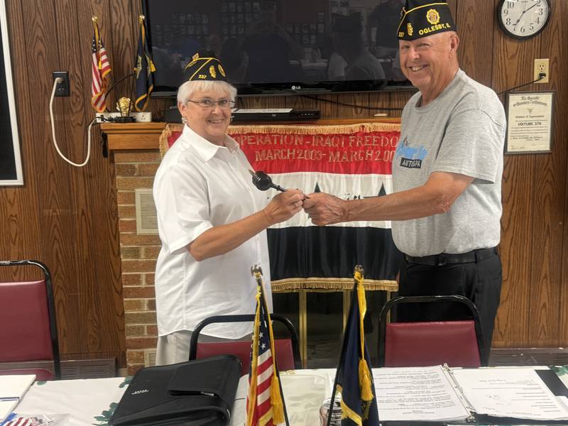 Kathy Lawyer, who served in U.S. Navy from 1973-76, was sworn in as commander of Oglesby American Legion Post 237 on June 13, 2024. Lawyer is the post’s first female commander in its 102 years of existence. Past Commander Chuck Trovero (right) hands over the gavel.
