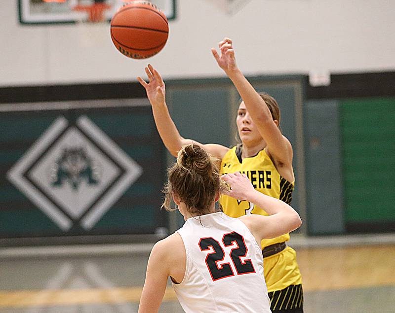 Putnam County's Gabby Doyle shoots a jump shot over Roanoke Benson's Brianna Harms during the Tri-County Conference Tournament on Tuesday, Jan. 17, 2023 at Midland High School.