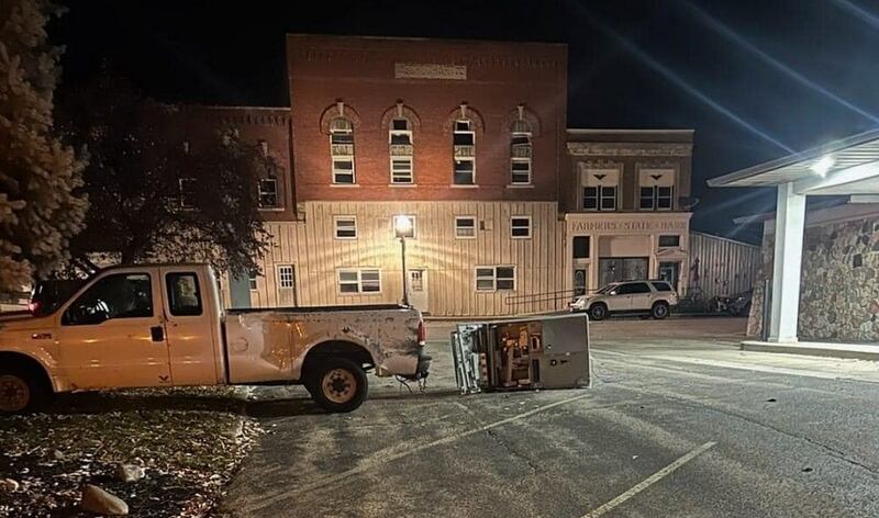 Lee County deputies are on the hunt for the thief or thieves who stole this pickup Sunday in Franklin Grove, and used it to pull the ATM machine from the wall at Central Bank Illinois in downtown Ashton around 2 a.m. A similar theft was attempted three hours later in Morrison; those suspects also still are at large.