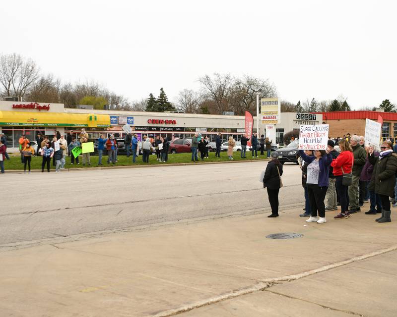 Community members line both sides of Ogden Ave. during the Hands Off Demonstration on Saturday April 5, 2025, outside the Tesla dealership in Lisle.