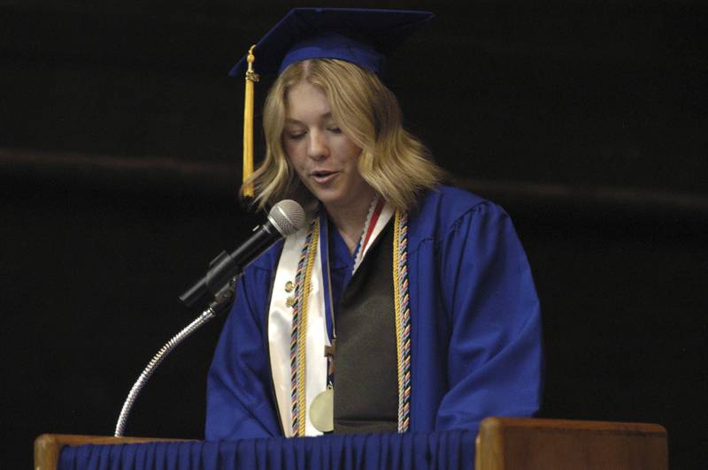 Senior Speaker Grace Tobias talks to the graduating class. The Newman High School Class of 2026 Commencement Ceremony was held on Wednesday, May 20, 2026, at Newman Central Catholic High School. in Sterling.