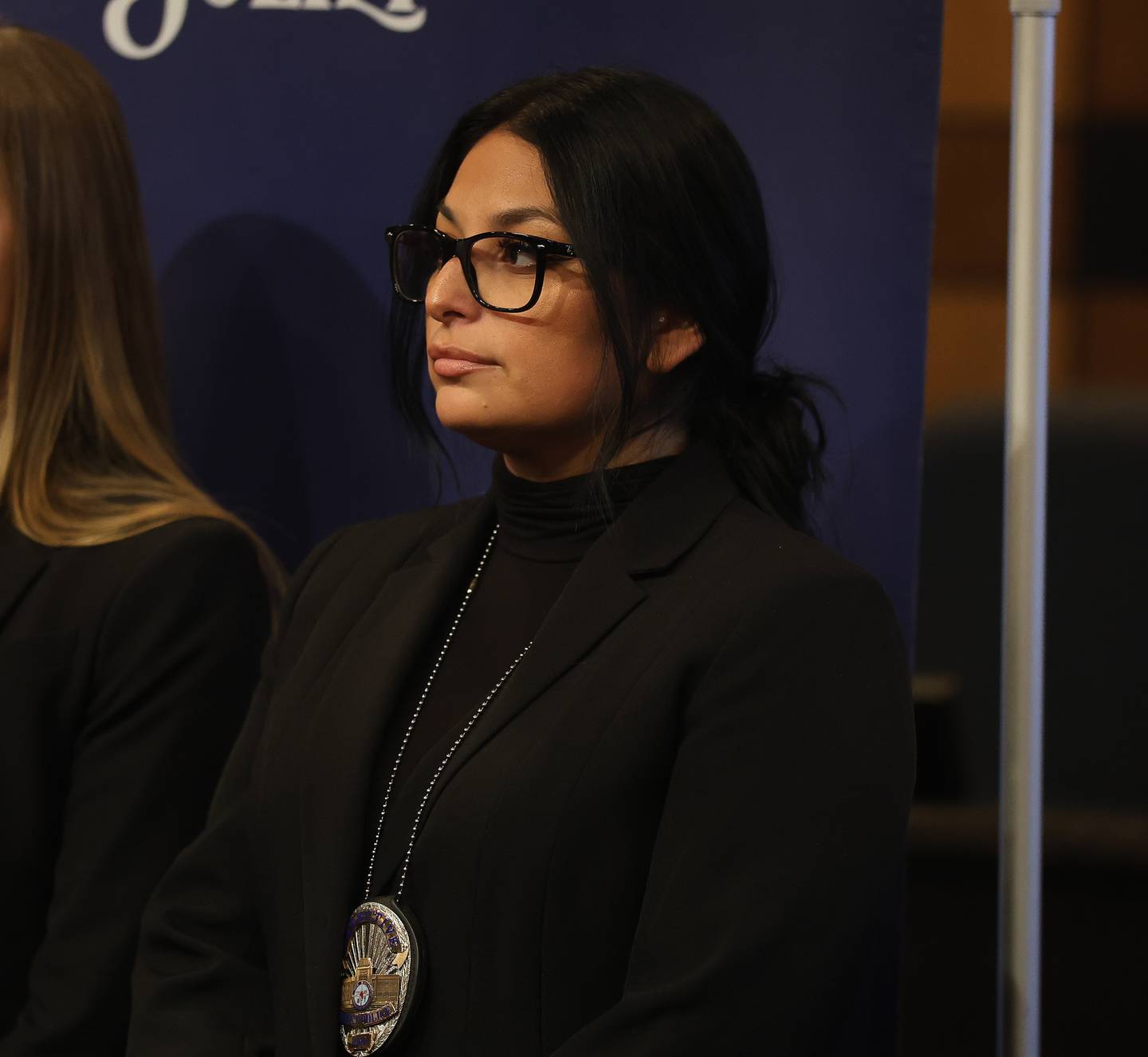Detective Andrea Espinosa attends a press conference regarding the recent arrest of a former Plainfield School District 202 teacher on multiple charges for alleged inappropriate conduct with a student on Monday, April 20, 2026 in Joliet.
