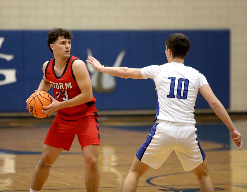 South Elgin’s Frank Clemente looks to pass the ball during a game against Geneva on Monday, Nov. 25, 2024 in Geneva.