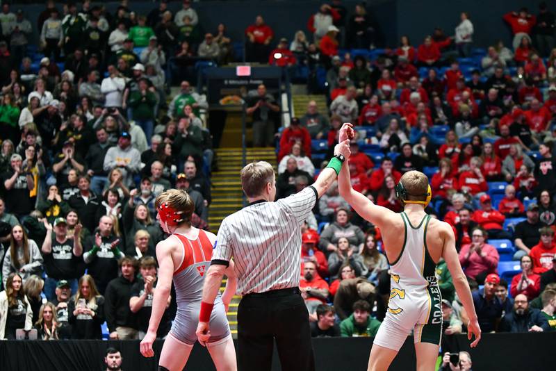 Luke Munsterman of Coal City earns  the 132-pound match victory over Elijah Mabry of Vandaliaduring the IHSA Dual Team State Finals in Bloomington on Saturday, March 1.
